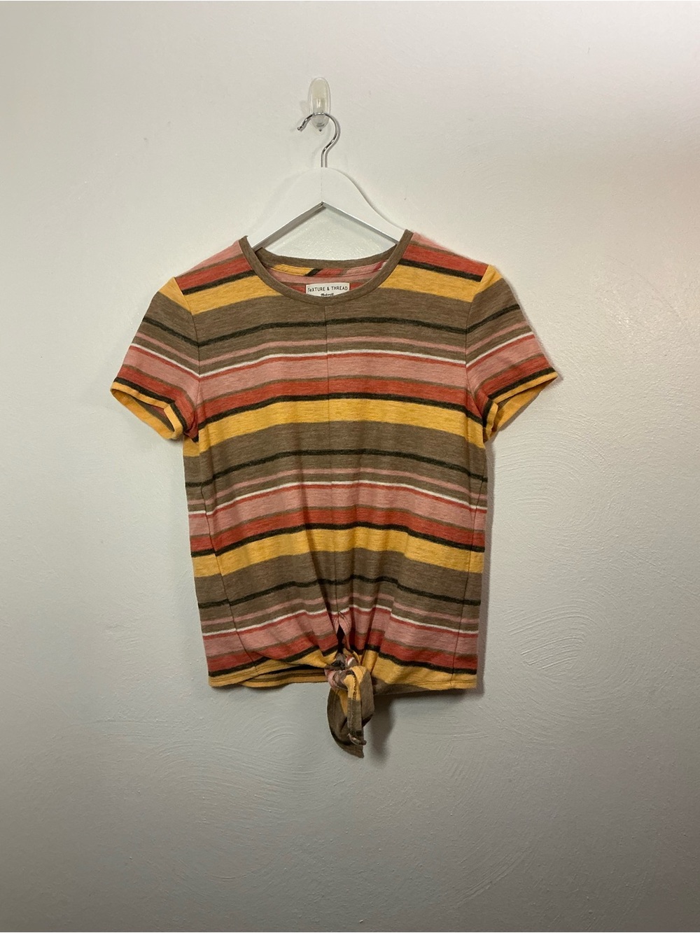 Madewell Striped Tie-Front Short Sleeve Tee in Brown, Yellow & Coral Size Small